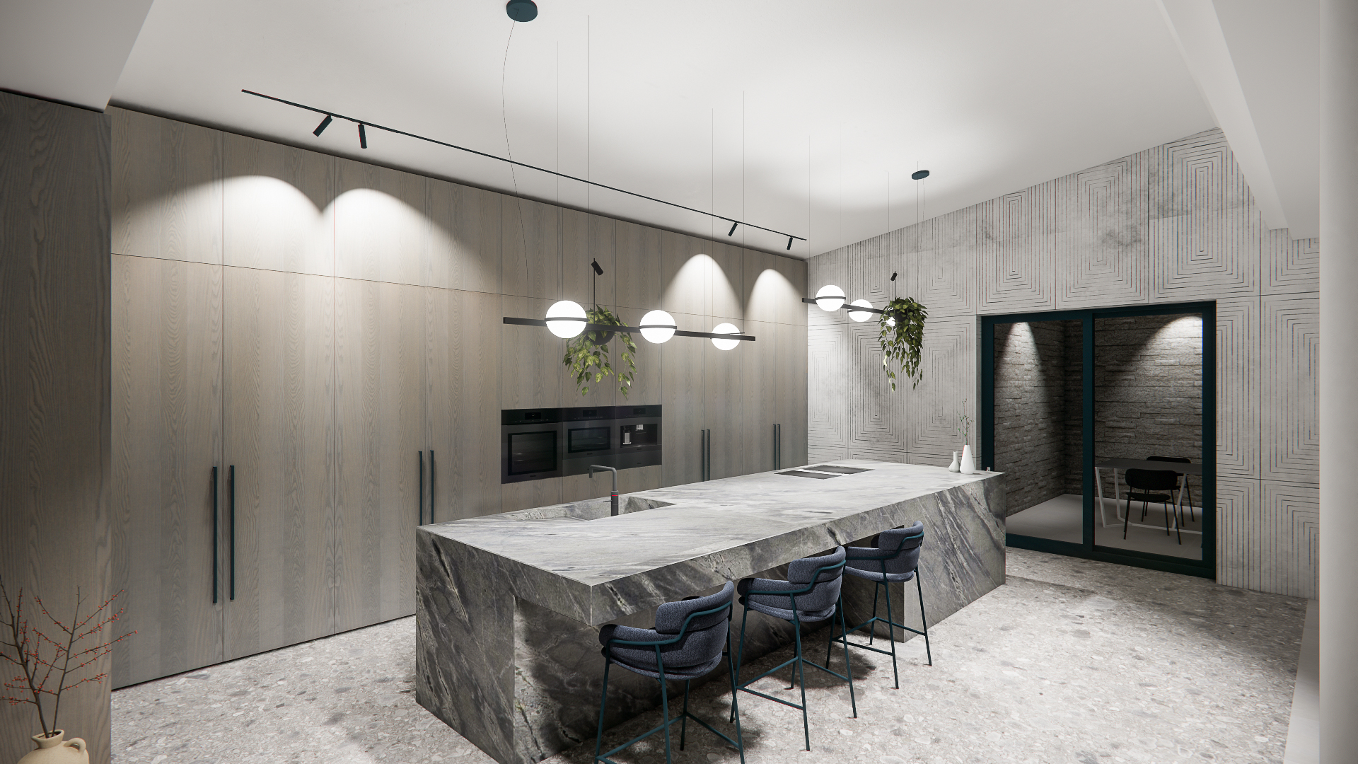 Moderne Luxus-Küche mit großer Kücheninsel aus grauem Naturstein, minimalistisches Design mit verdeckten Schränken und integrierter Beleuchtung.