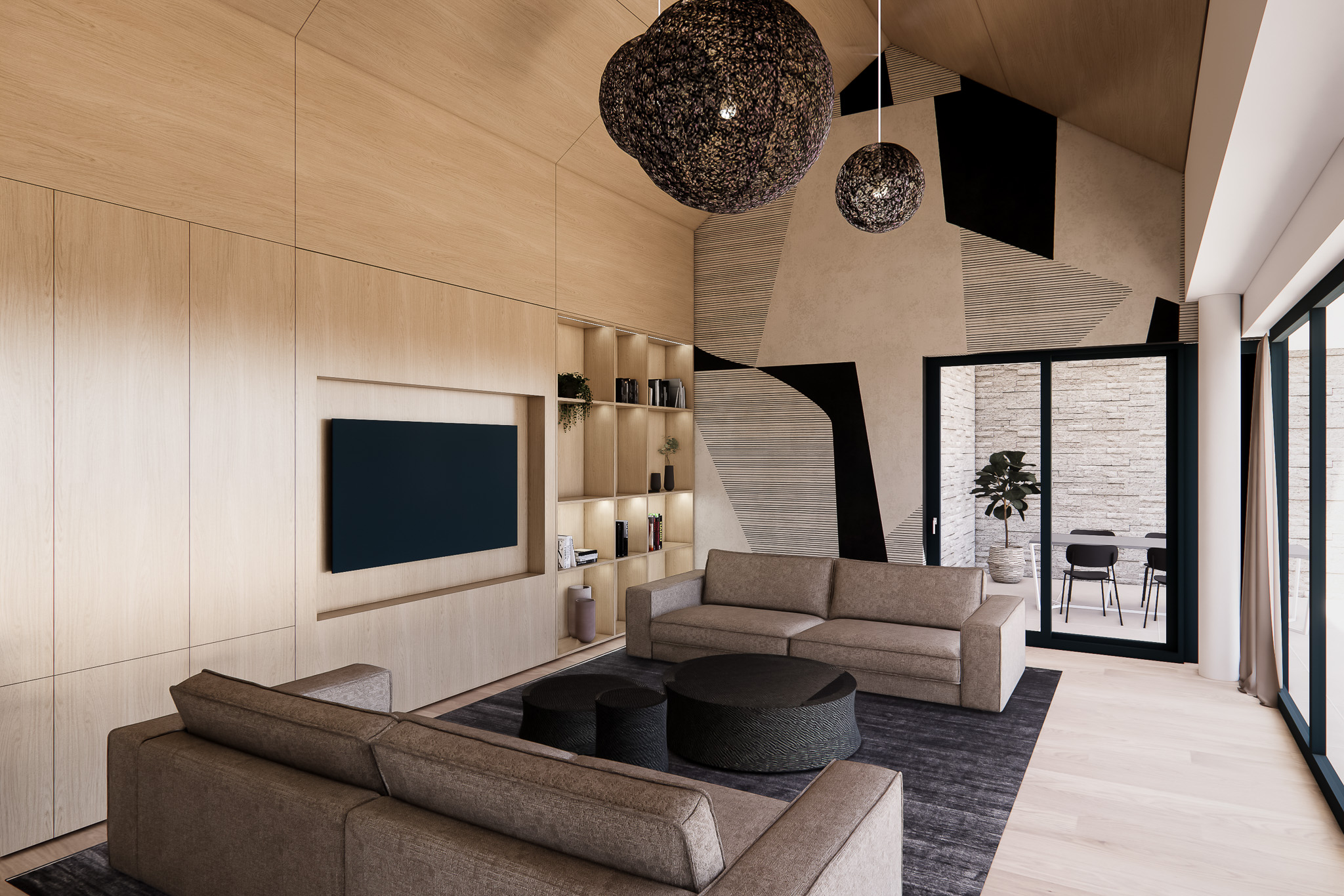 Modernes Wohnzimmer mit Holzverkleidung, integrierter TV-Wand und beleuchtetem Regal