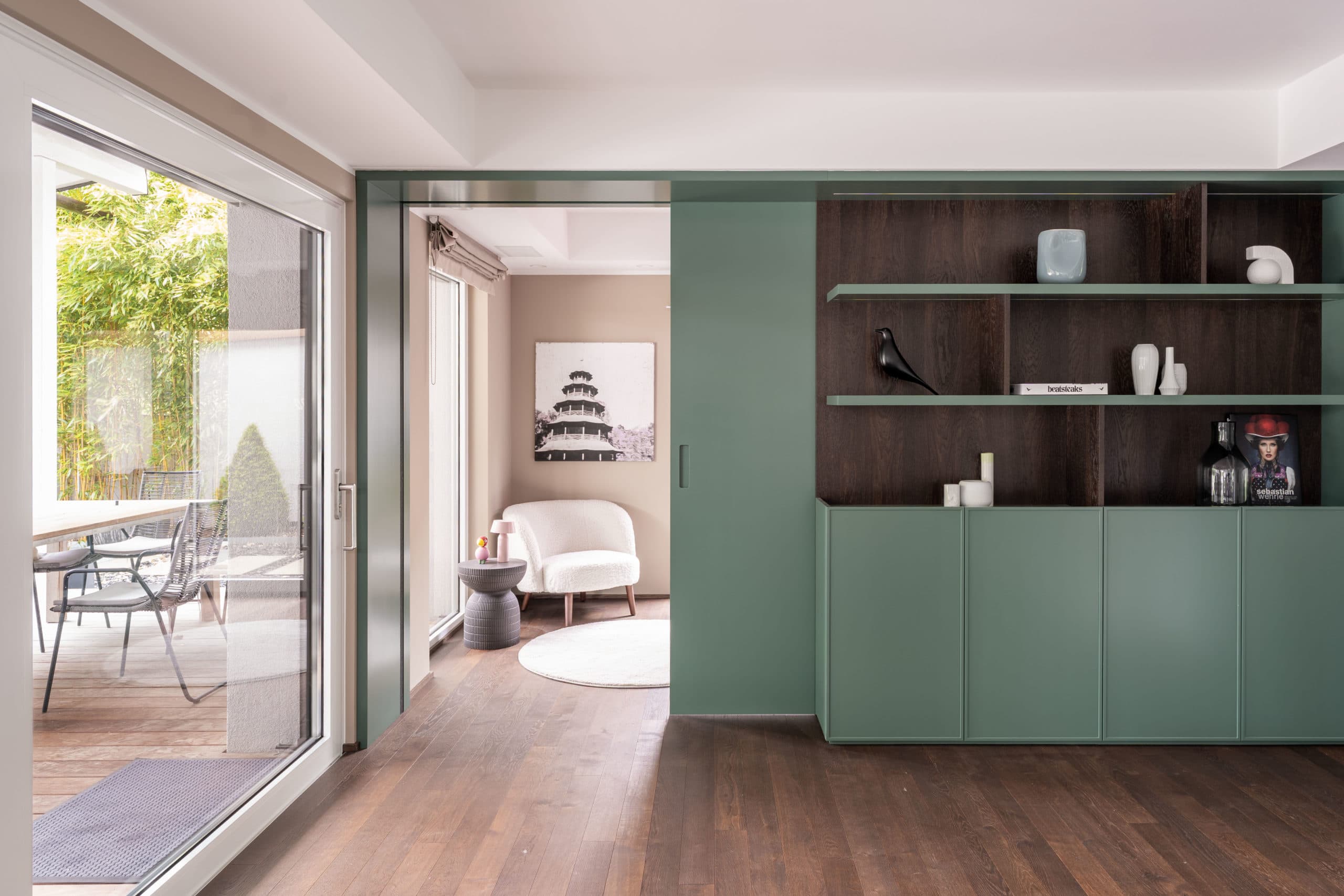 Modern living room with sliding door.
