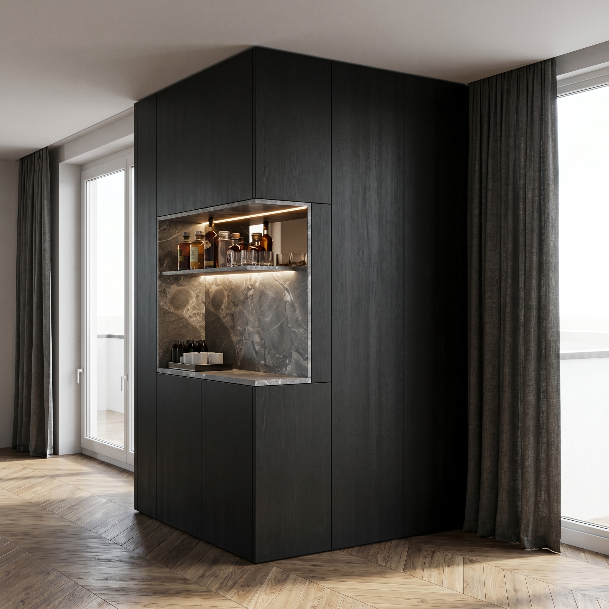 Moderne Minibar mit schwarzem Einbauschrank, Naturstein-Rückwand, indirekter Beleuchtung und eleganter Präsentationsfläche für Getränke.