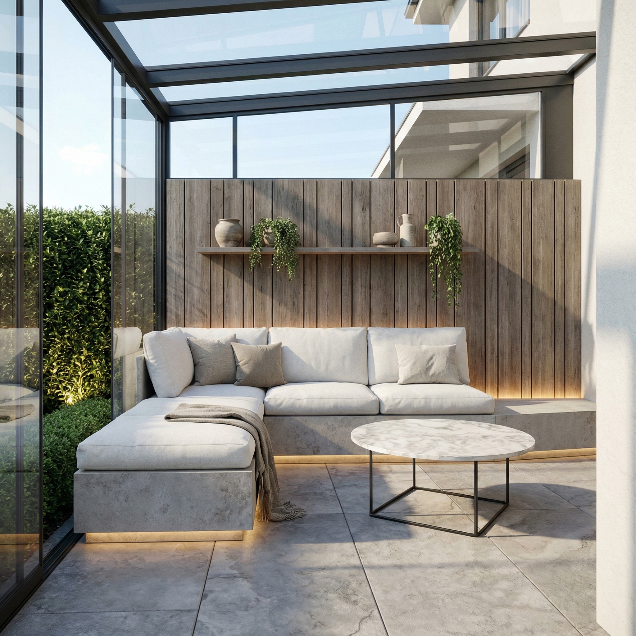 Moderne Outdoor-Lounge mit Glasdach, maßgefertigter Sitzbank aus Naturstein, heller Polsterung, Holzwand und indirekter Beleuchtung.