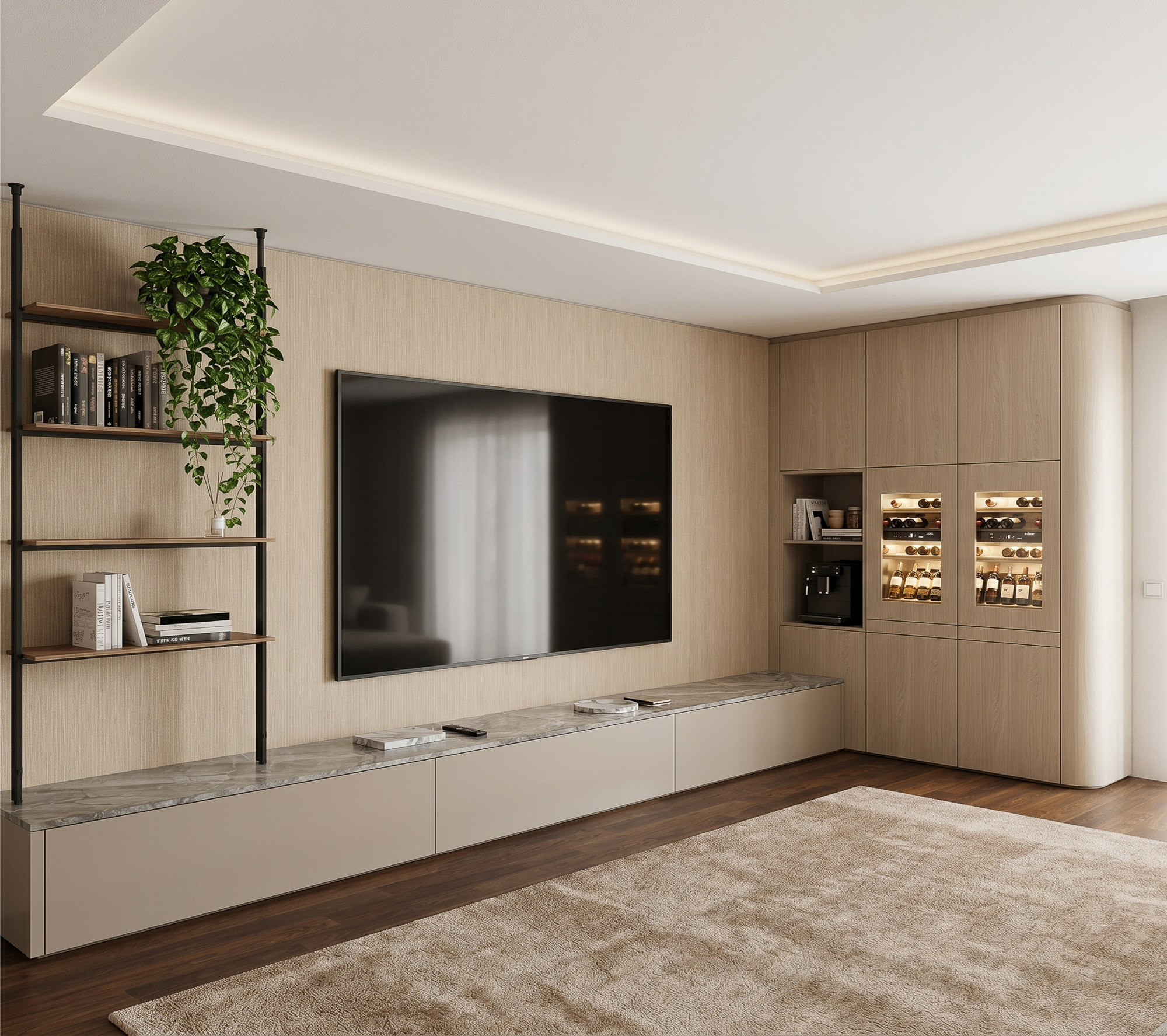 Modernes Wohnzimmer mit maßgefertigter TV-Wand, Einbauschrank aus hellem Holz, Naturstein-Ablage und integrierten Weinkühlern.