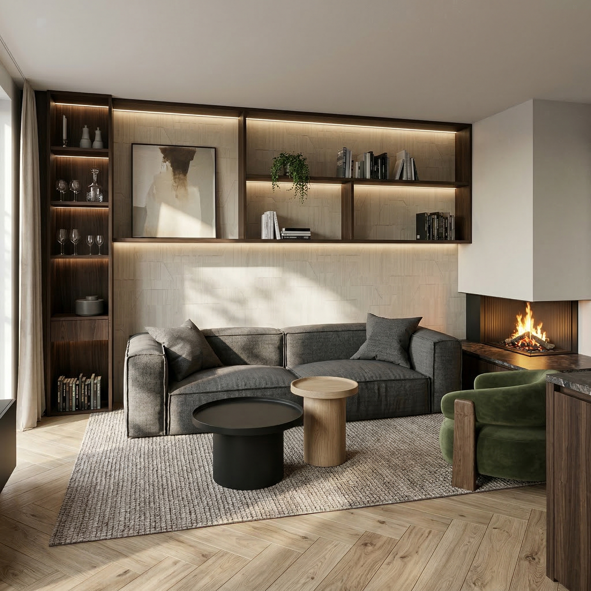 Modernes Wohnzimmer mit maßgefertigtem Einbaumregal aus Holz, indirekter Beleuchtung, gemütlicher Sofalandschaft und stilvollem Kamin mit Naturstein-Elementen.